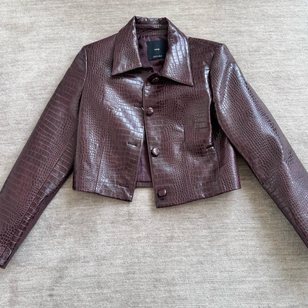 Mango Cropped Faux Croc Leather Jacket In Deep Brown